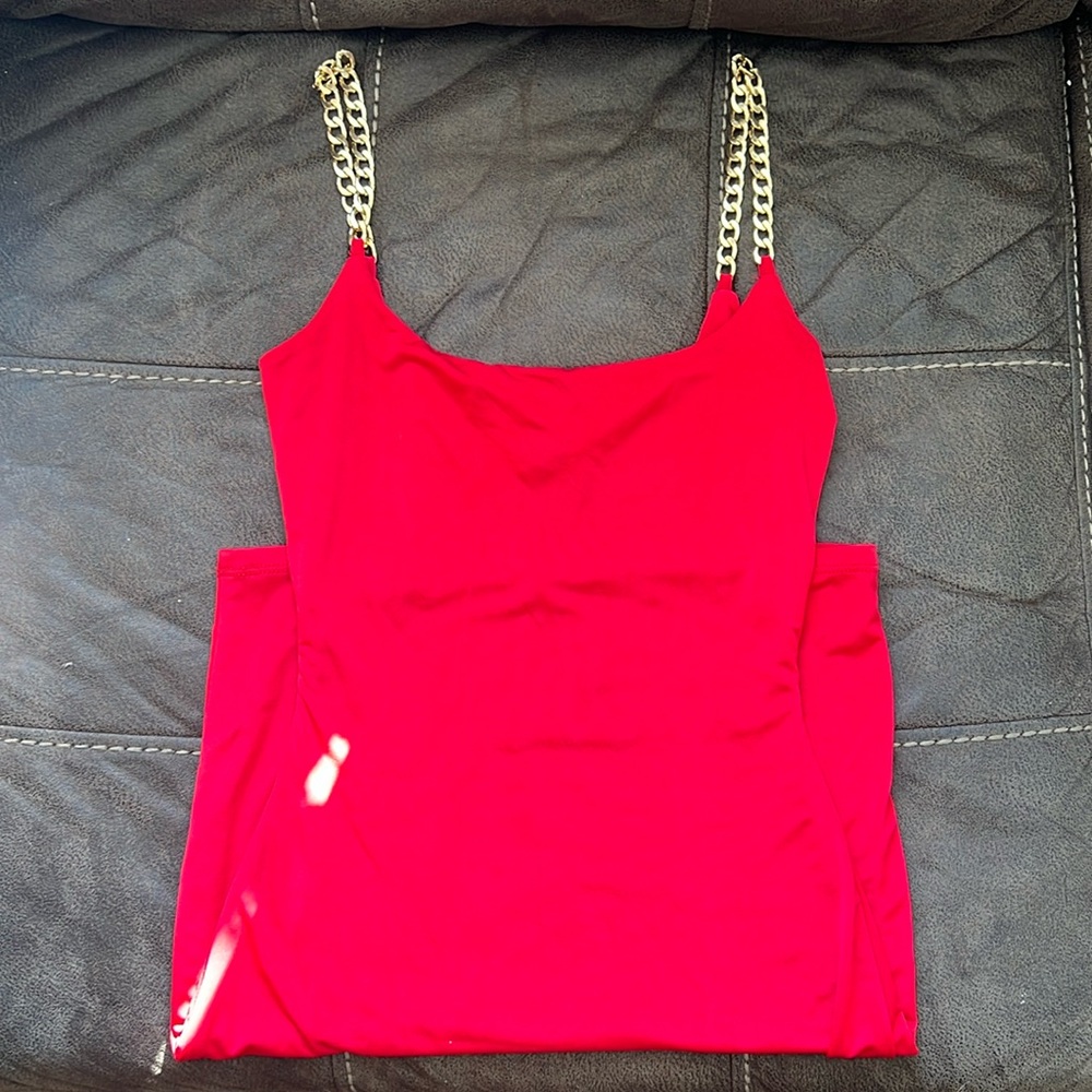 Red bodycon dress with gold chain straps from Windsor